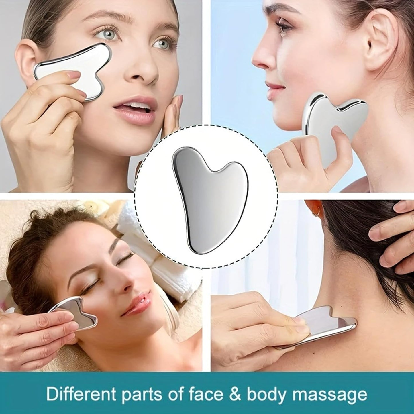 Gua Sha Facial Tools Guasha for Face - Stainless Steel Gua Sha Tool - Massager Tool for Jawline & Chin,Fascia Massage Tool for Face Massage, Lymphatic Drainage Massager (Silver)