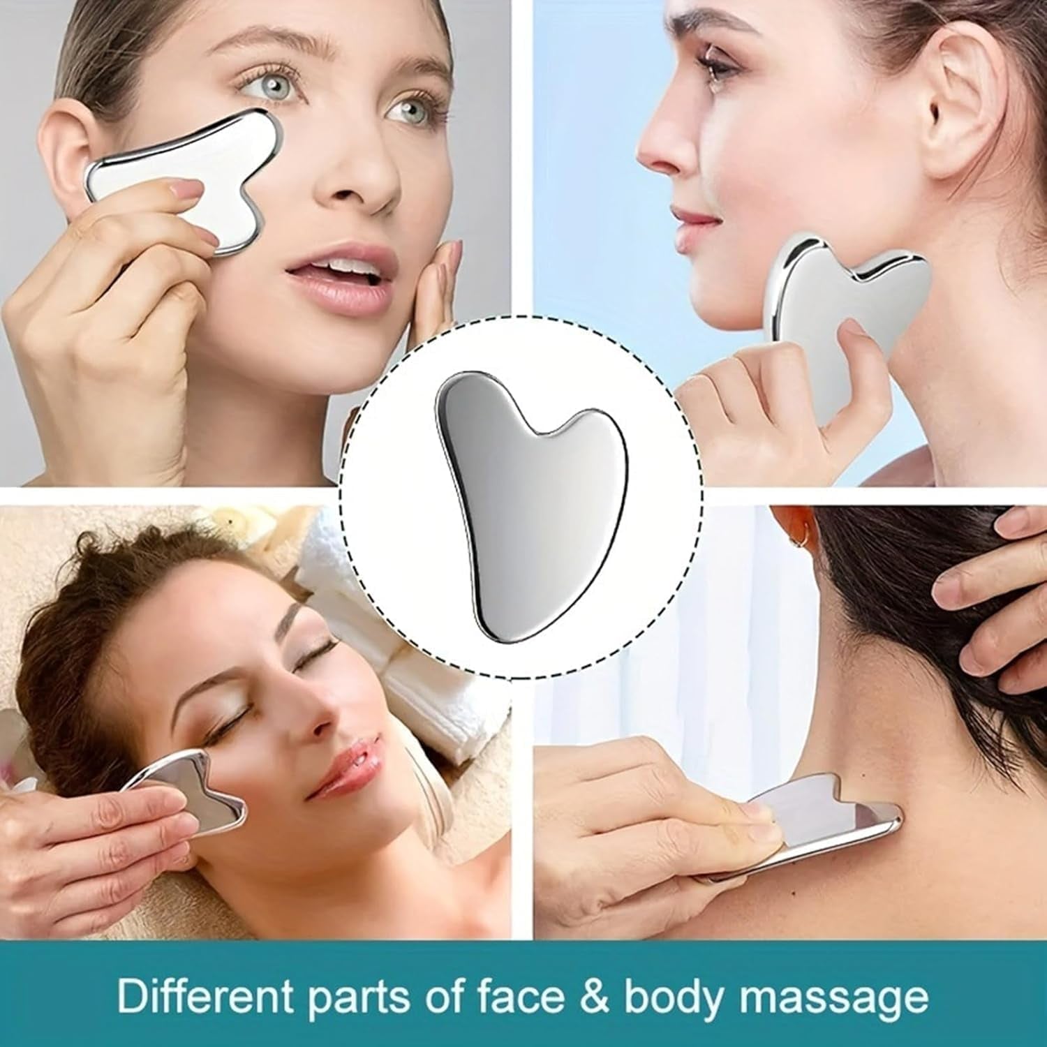 Gua Sha Facial Tools Guasha for Face - Stainless Steel Gua Sha Tool - Massager Tool for Jawline & Chin,Fascia Massage Tool for Face Massage, Lymphatic Drainage Massager (Silver)