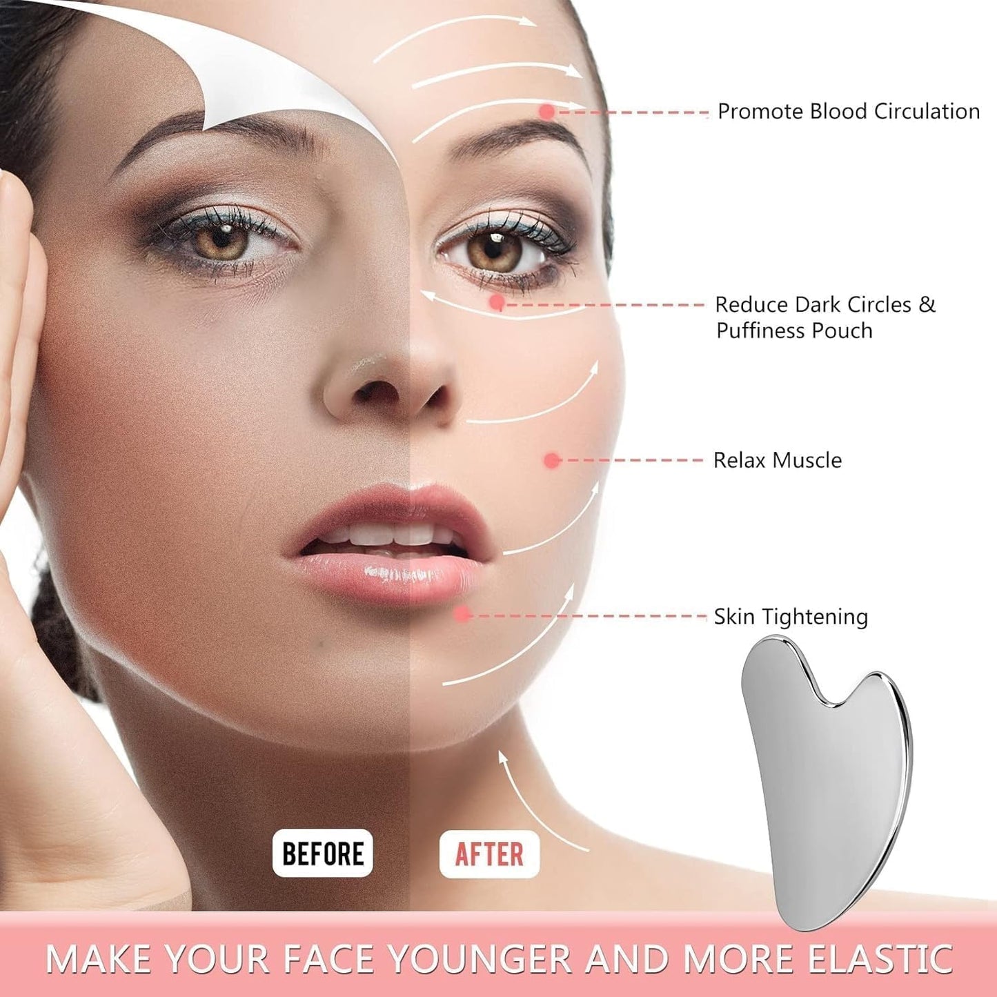 Gua Sha Facial Tools Guasha for Face - Stainless Steel Gua Sha Tool - Massager Tool for Jawline & Chin,Fascia Massage Tool for Face Massage, Lymphatic Drainage Massager (Silver)