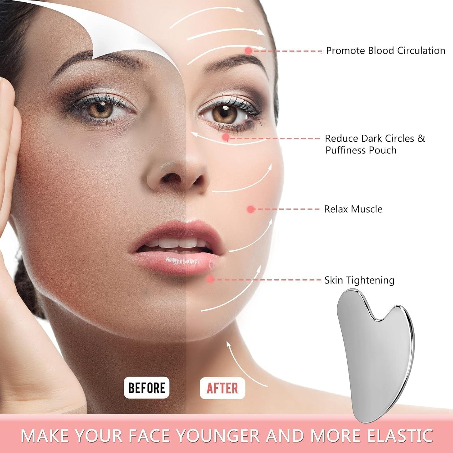 Gua Sha Facial Tools Guasha for Face - Stainless Steel Gua Sha Tool - Massager Tool for Jawline & Chin,Fascia Massage Tool for Face Massage, Lymphatic Drainage Massager (Silver)